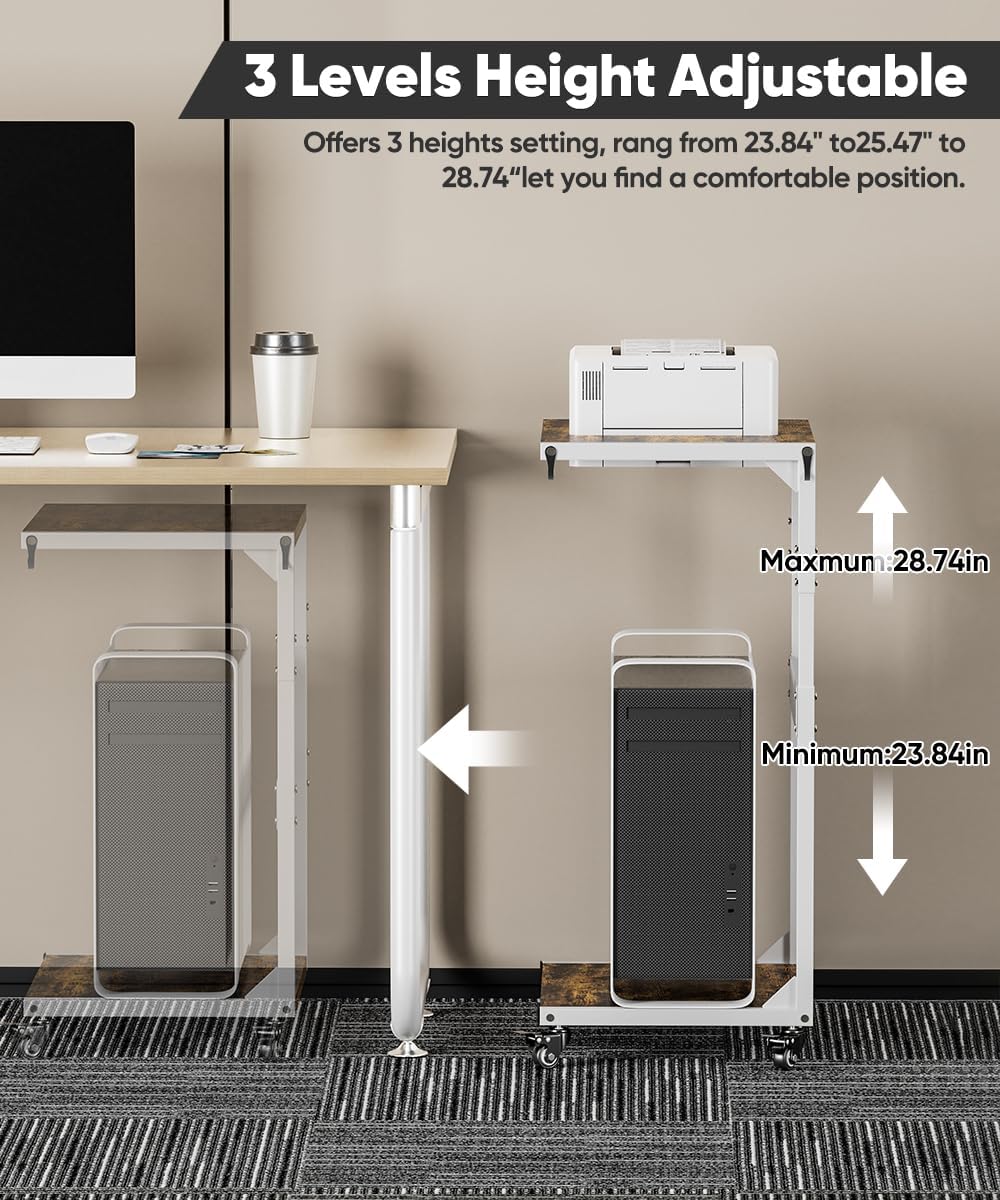 Computer Tower Stand, 2-Tier Metal CPU Holder Stand with Lockable Wheels, Adjustable Under Desk PC Shelf, Mobile Rolling Computer Cart for Home, Office, Gamers and Students, White