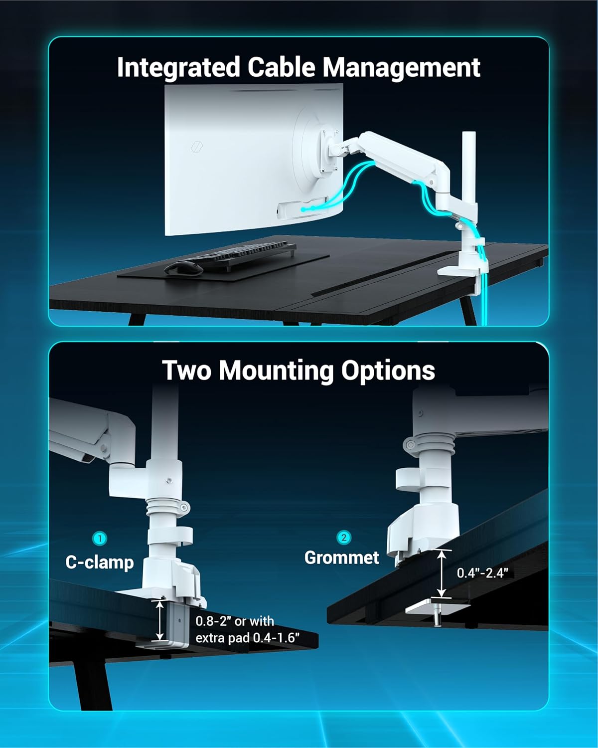 Heavy Duty Monitor Arm for 13-49 Inch Ultrawide Screens, Holds Up to 44lbs, Fully Adjustable Single Monitor Mount, with Clamp & Grommet Base, 75/100mm VESA Desk Mount, White