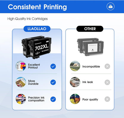 702xl Black Ink Cartridges Remanufactured Replacement for 702 Ink cartridges 702 XL T702XL for Epson WF-3720 WF-3730 WF-3733 Printer High Capacity (2 Pack)