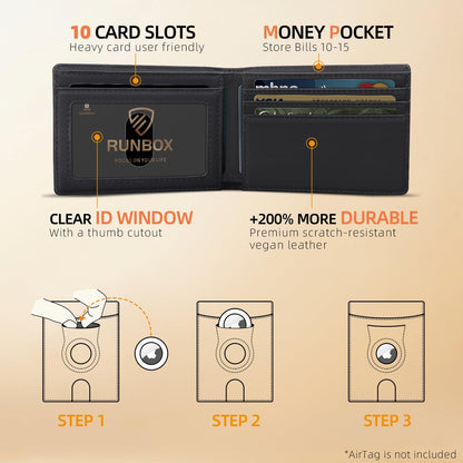 RUNBOX AirTag-Wallet-Mens-Slim-RFID Blocking Wallets Leather with Bill Compartment Air Tag Bifold Card Holder Wallet Gifts for Men Dad