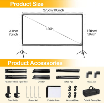 Outdoor Projector Screen with Stand, 120 inch Portable Projector Screen Stand with Elastic Rope Bar, Indoor 16:9 4K HD Wrinkle-Free Front Rear Projection Screen with Carry Bag for Movie Night Camping