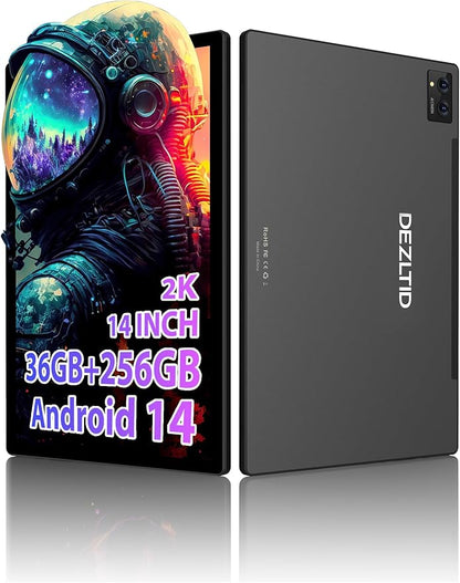 2025 Tablet 14 inch Android 14 Tablets - 2000x1200 FHD, 36GB+256GB(1TB TF), 5G/2.4G Dual WiFi, 8-Core 2.0GHz, 11580mAh,8+13MP, 4 Speakers,Split Screen, GPS with Stylus - Black