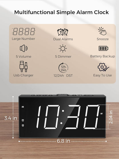 Alarm Clock for Bedroom, 2 Alarms Loud LED Big Display Plug in Simple Basic Digital Clock with USB Charging Port, Adjustable Volume, Dimmable, Snooze for Deep Sleepers Kids Elderly Home Office