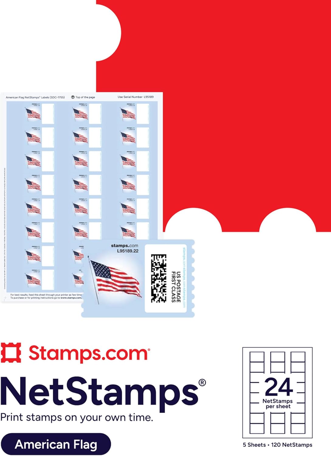 American Flag NetStamps 120-Pack (5 Sheets) Printable Postage Labels (Stamps.com Subscription Required) - Print Approved Postage - Inkjet & Laser Printers - Business, Personal, Home