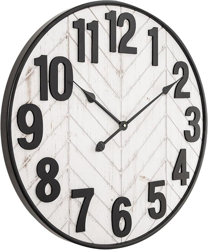 24 Inch Large Wall Clock, Rustic Wooden Farmhouse Wall Clock with Black Metal Frame, Battery Operated Non-Ticking Silent Wall Clocks for Living Room, Kitchen, Bedroom (Whitewashed)