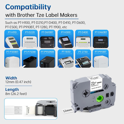 4Pk Tze-231 Label Maker Tapes Replacement for Brother P Touch Label Tape 12mm 0.47 Laminated White TZe231/TZe-231 for Brother PT-D210 D400 H103W H110 1280 1290 1880 2040, Black on White