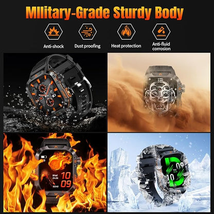 QTLLBT Military Smartwatch, Answer Make Calls LED Flashlight Barometer Compass 2.01HD IP68 Waterproof Outdoor Tactical Watch 100+ Sports Modes Sleep Heart Rate Available for Android iOS (Steel Band)