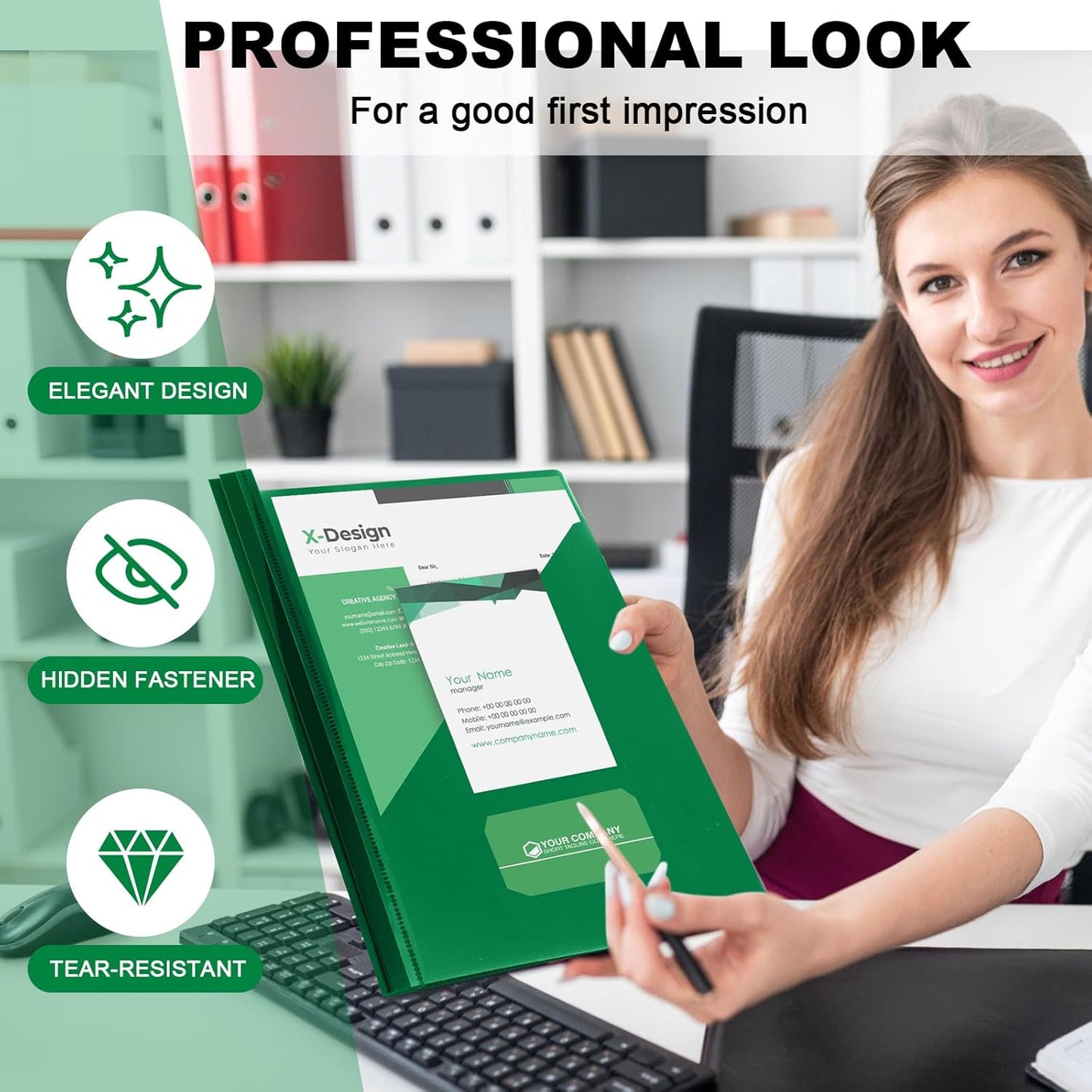 Teling 48 Pcs Clear Front Report Covers with 3 Prongs Fasteners, 11.42 x 9.45 Inch Plastic Book File Covers 90 Sheet Capacity, Presentation Folder with Green Back Cover for Office Business