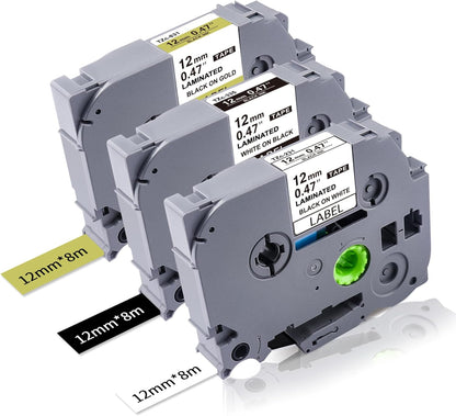 3-Pk 12mm TZ Labels Tape Compatible with Brother Ptouch TZe-231 335 831 Label Maker Tape 12mm 0.47" Laminated White/Black/Gold, Work for Brother Ptouch Label Maker PTD200 PTD400 PT1280 PT1880