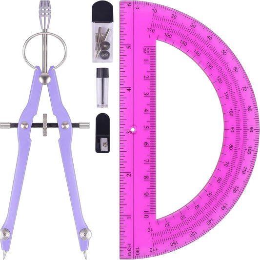 Compass and Protractor Set, Professional Drawing Compass Tool, Metal Compass with Extra Refills, Compass for Geometry and 6 Inch Math Protractors 180 Degree (Purple)
