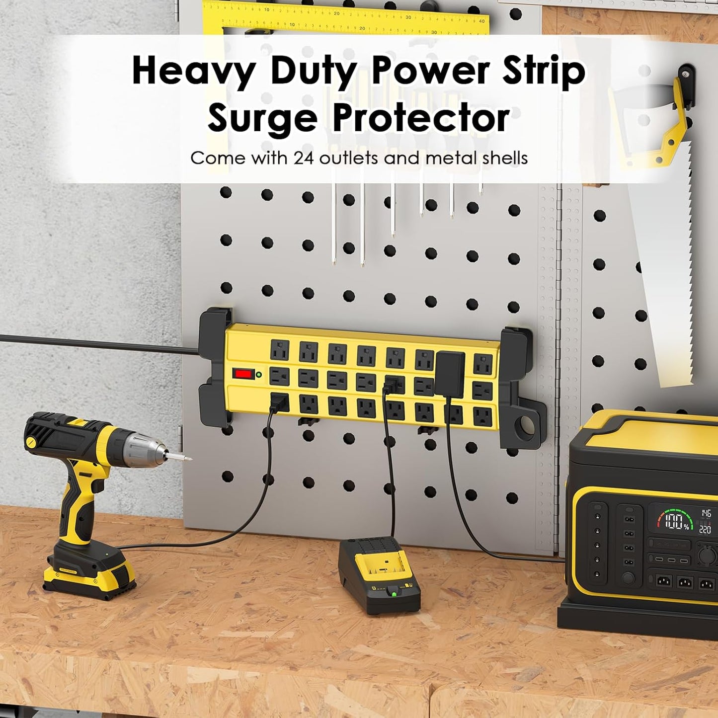HHSOET Heavy Duty Power Strip with Surge Protection, Industrial Commercial Metal 24 Outlets Wall Mount for Garage Shop, 15 Amp, Switch, 6FT Extension Cord, Yellow.