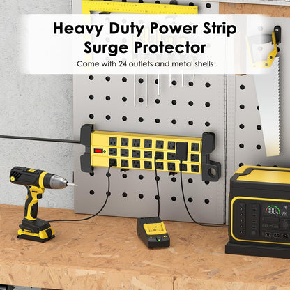 HHSOET Heavy Duty Power Strip with Surge Protection, Industrial Commercial Metal 24 Outlets Wall Mount for Garage Shop, 15 Amp, Switch, 6FT Extension Cord, Yellow.