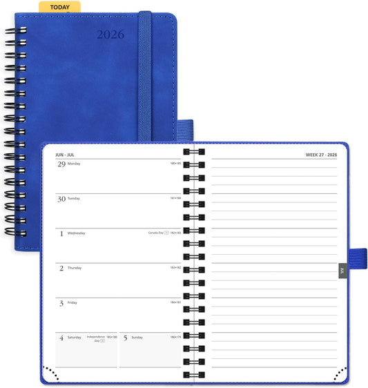 POPRUN 2026 Planner Weekly Notebook (Jan-Dec), Small Size 4''x 6.25'' - 2026 Pocket Calendar for Purse with Spiral Soft Cover, Plastic Ruler, Inner Pocket, 100 GSM - Royal Blue