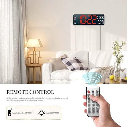 Digital Clock, Digital Wall Clock for Living Room Decor, Desk Alarm Clock for Bedroom, Large Wall Clock with Remote Control, Automatic Brightness Dimmer LED Clock with Date Temperature Week (Red-B)