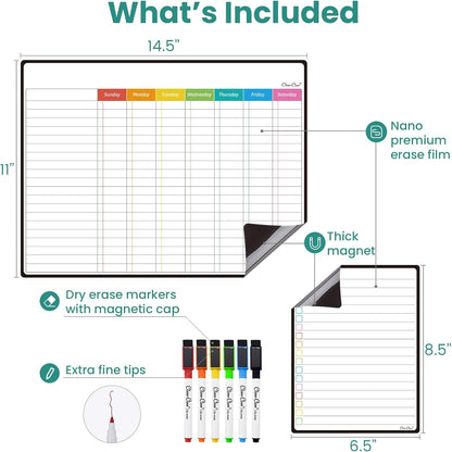 Magnetic Dry Erase Chore Chart - 14.5"x11" Chore Chart for Kids, Teens and Adults - 6.5"x8.5" List Board for Fridge - 6 Extra Fine Point Markers Included - Shipped Flat
