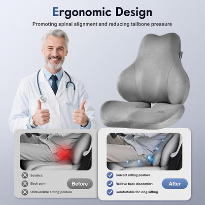 Coverado Memory Foam Car Seat Cushion and Lumbar Support Pillow for Car, Ergonomic Office Chair Cushion for Lower Back Pain Relief, Breathable & Non-Slip for Car, Home, and Office Use, Gray