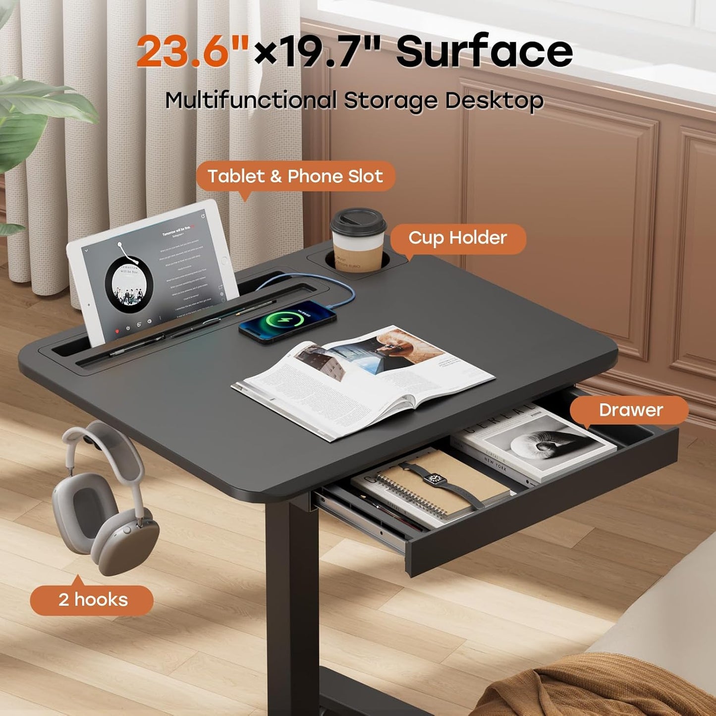 Mobile Small Standing Desk with Drawer, 23.6"x19.7" Rolling Laptop Cart on Wheels, Height Adjustable Sit Stand Computer Workstation with Storage for Compact Space, Black