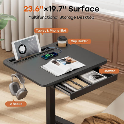 Mobile Small Standing Desk with Drawer, 23.6"x19.7" Rolling Laptop Cart on Wheels, Height Adjustable Sit Stand Computer Workstation with Storage for Compact Space, Black