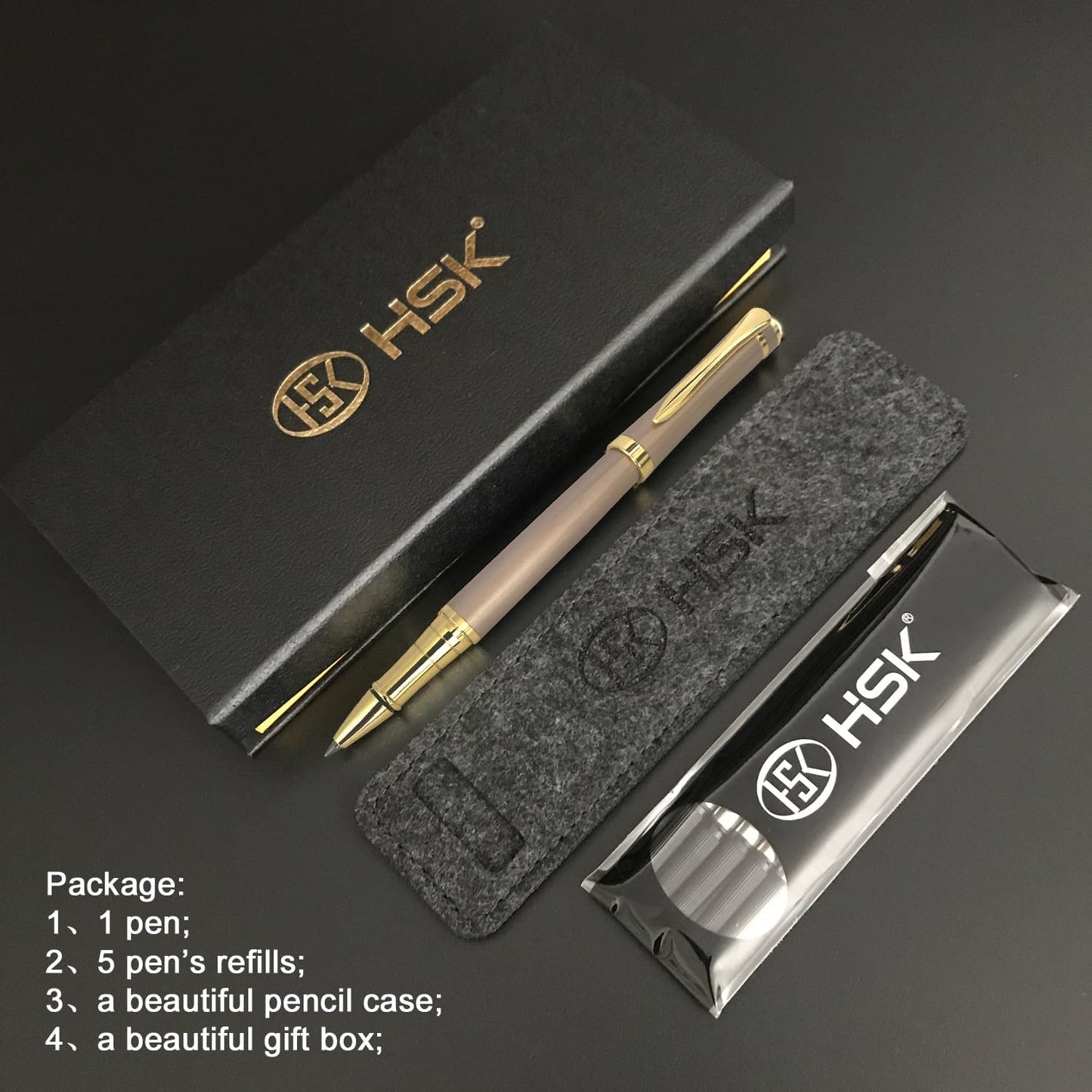 HSK Luxury Ballpoint Pens gift Pen Black Refill Line width 0.5mm,Best Ball Pen Gift Set for Men & Women Professional Executive,Office,Nice Pens Classy Gift Box (Gold)