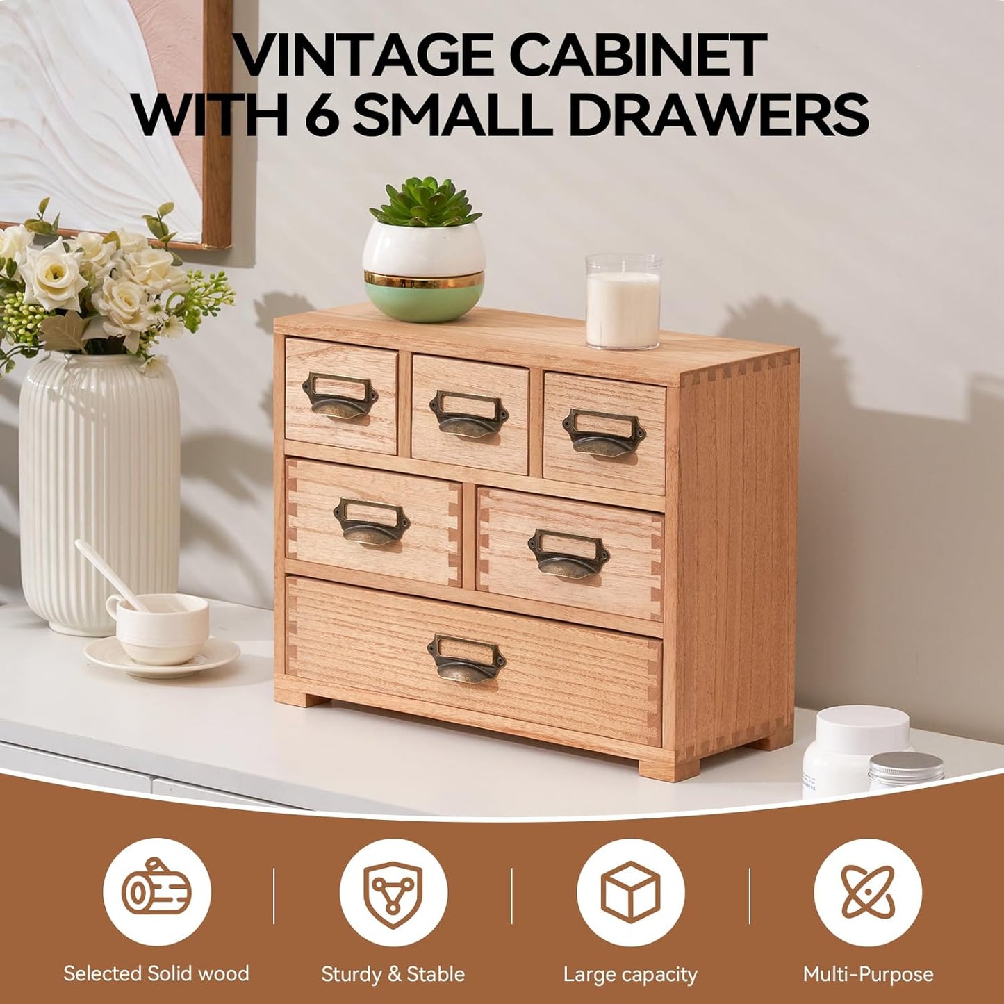 KIRIGEN Desk Drawer Cabinet Storage Organizer 6 Drawers Mini Chest with Lable Holder Handles for Home Office Desktop Organizer and Storage Natural(3D6CG-NA)