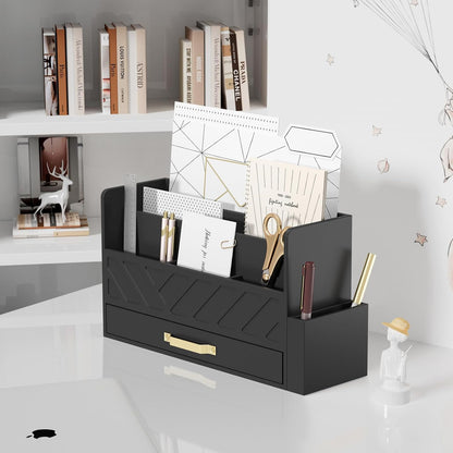 Bamboo Desk Organizer Mail Holder Countertop Wood Desk Drawer Tabletop Storage Box Pen Holder Letter Sorter Makeup Organizer for School Home Office Supplies with Pen Holder Black