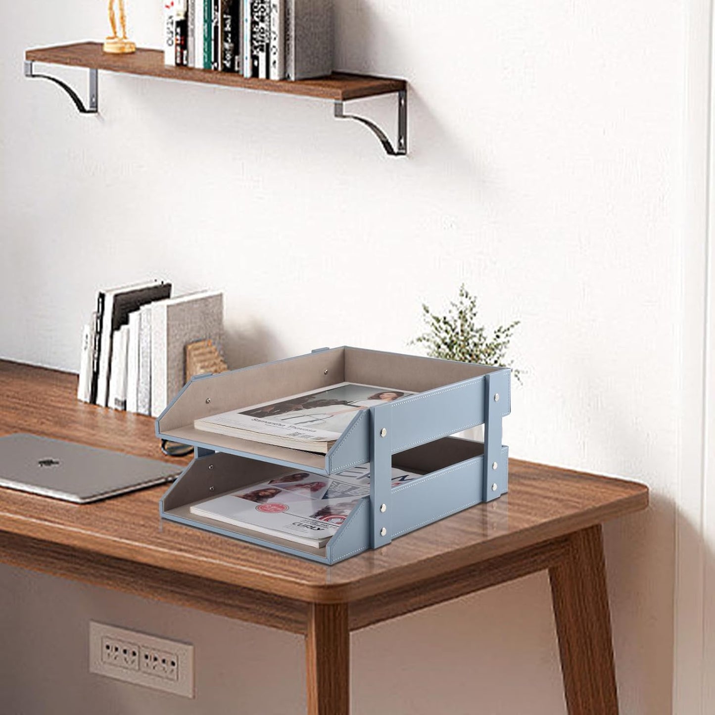 Leather Desk Letter Tray,Office Supplies Paper Organizer for Mail Paper Files Magazines Jewelry Cosmetics,Fashion Letter Holder& 2-Tier Multipurpos Stackable Office Desktop Storage Box,Grey