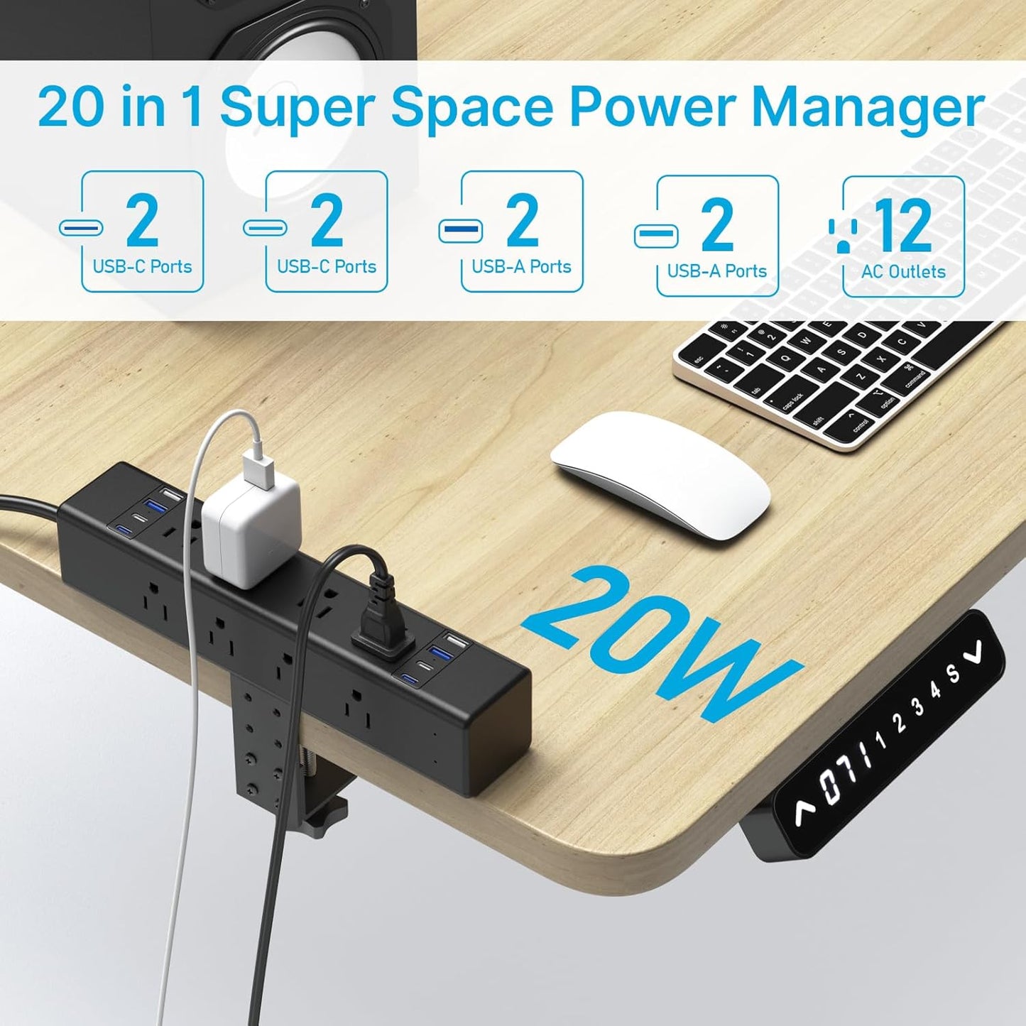 CCCEI Desk Outlet Station 20W USB C Port. 12 Outlet Desktop Clamp Power Strip Surge Protector 4800J with Switch. Nightstand Office Standing Desk Accessories Fit Thicker Table Edge or Screw Mount, 10FT