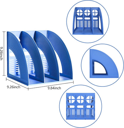 SAYEEC File Holders Folder Magazine Storage Holder Binder Stand 3 Compartment Blue Standing Files Bookshelf Organizer Magazines Divider Black Holds Documents for School Working Students