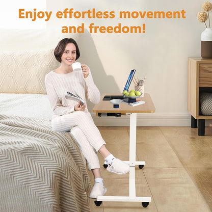 CLATINA Mobile Laptop Standing Desk, Height Adjustable Teacher Podium with Lockable Wheels, Adjustable Work Table with Drawer, Computer Cart Overbed Table for Home Office Classroom, Beige