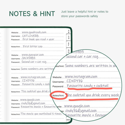 Password Book with Alphabetical Tabs – Hardcover Internet Address & Password Organizer – Password Keeper Notebook for Computer & Website – 5.2 x 7.6" Log-in Password Journal w/ Thick Paper (Earth Green)