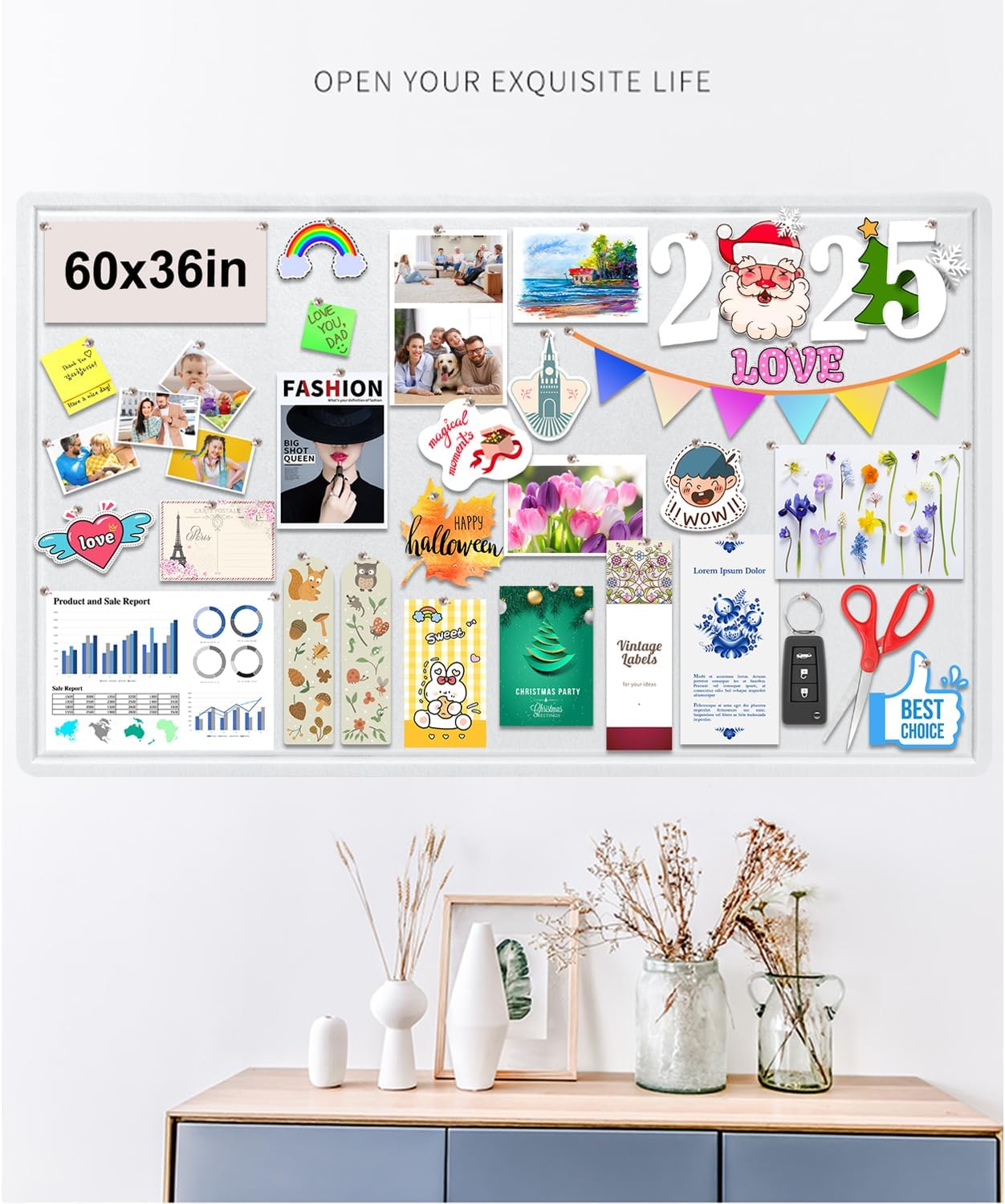 Large Bulletin Board, Foldable 60x36 Inches Cork Board Alternative, Large Felt Board Decorative Pin Board for Wall, Foldable Photo Board Self-Adhesive Vision Board with 36 Pushpins White