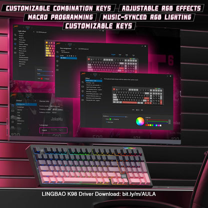 LINGBAO K98 Wireless Mechanical Gaming Keyboard, 10000mAh Battery Tri-Mode BT5.0/2.4GHz/USB-C, Gasket Custom Hot-Swappable Linear Switches Mechanical Keyboards, RGB Backlit Keyboard for PC Laptop