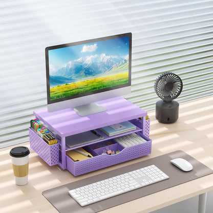 gianotter Wood Monitor Stand Riser, Desk Organizer with Drawer and 2 Pen Holders, 2-Tier Workspace Organizer for Office Supplies (Purple Wood)