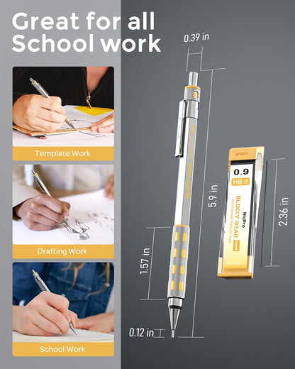 Nicpro Blocky Gear 0.9 mm Mechanical Pencils Set in Case, Metal Pencil with 0.9mm HB Lead Refills, Eraser for Professional & Adult Art Writing Drafting Drawing
