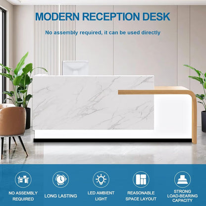 Reception Desk with Counter Modern Front Office Desk Large Reception Room Tables Checkout Counter Reception Table for Retail Lobby Beauty Salons White 87inch/220cm
