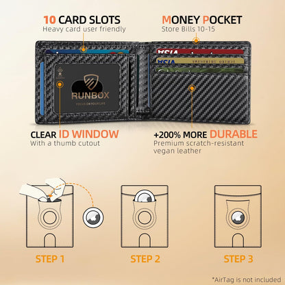 RUNBOX AirTag-Wallet-Mens-Slim-RFID Blocking Wallets Leather with Bill Compartment Air Tag Bifold Card Holder Wallet Gifts for Men Dad