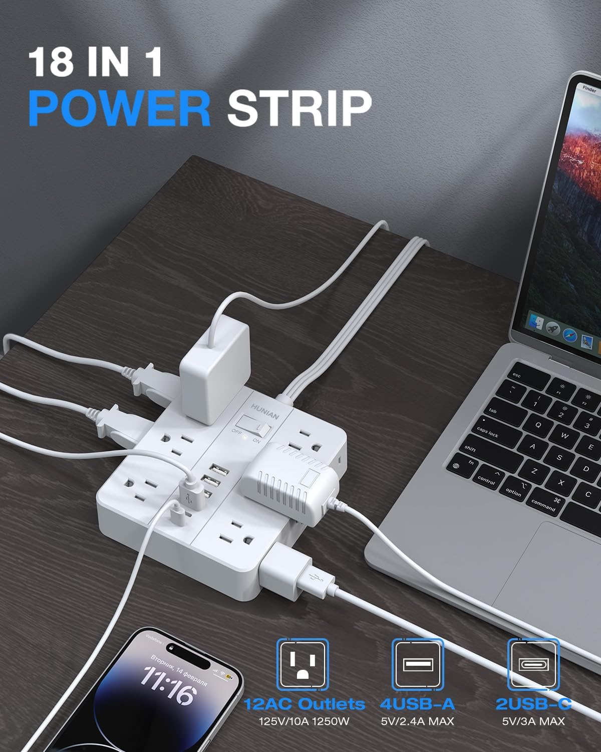 Flat Plug Surge Protector Power Strip, HUNIAN 12 Widely Spaced Outlets with 6 USB Charger (2 USB C Ports), 10 Ft Extension Cord Desk Charging Station for Home Office Supplies, Dorm Room, White