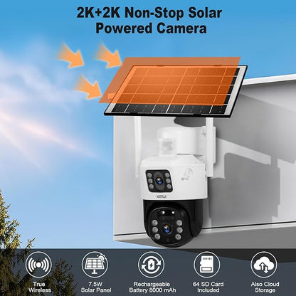KERUI 2K Solar Security Cameras with Dual Lens Wireless Security Camera Outside with Solar Panel 360° View Pan, AI Human Detection, Color Night Vision,2-Way Audio with 64G SD Storage(2 Pack)