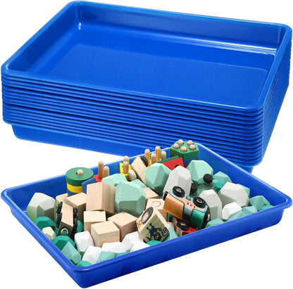 Maitys 15 Pcs Flat Plastic Trays 16.1 x 11.8'' Sensory Storage Tray Paper Stackable Classroom Bins for Office Home Organizer Arts and Crafts Supplies(Blue)