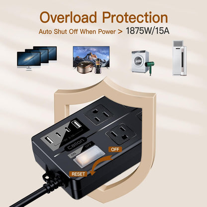 Outdoor Power Strip Weatherproof,Waterproof Surge Protector with 4 USB Ports and 6 Outlets,15 FT Extension Cord with Flat Plug,Shockproof Overload Protection, Wall Outlet for Home Office Porch Patio