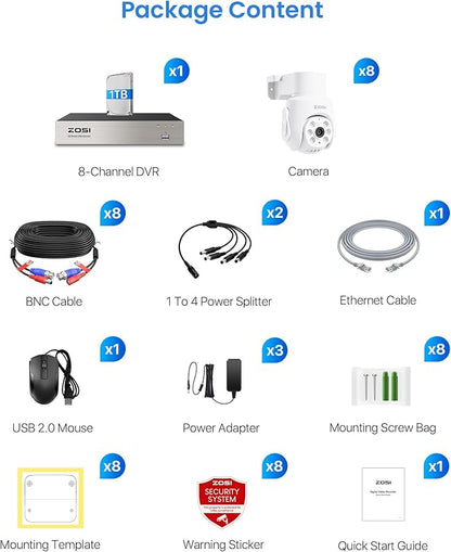 ZOSI 5MP Wired Security Camera System, 8pcs 1080p Pan/Tilt 360°View Weatherproof Camera,One Way Audio, AI Human Vehicle Detection,Night Vision, H.265+ 8CH DVR with 1TB Hard Drive for 24/7 Recording