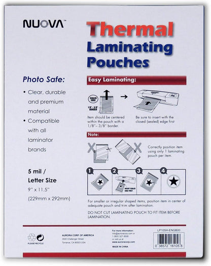 Nuova 100-Pack, 5 Mil Thermal Laminating Pouches 9 x 11.5 Inches, Letter Size, LP105H