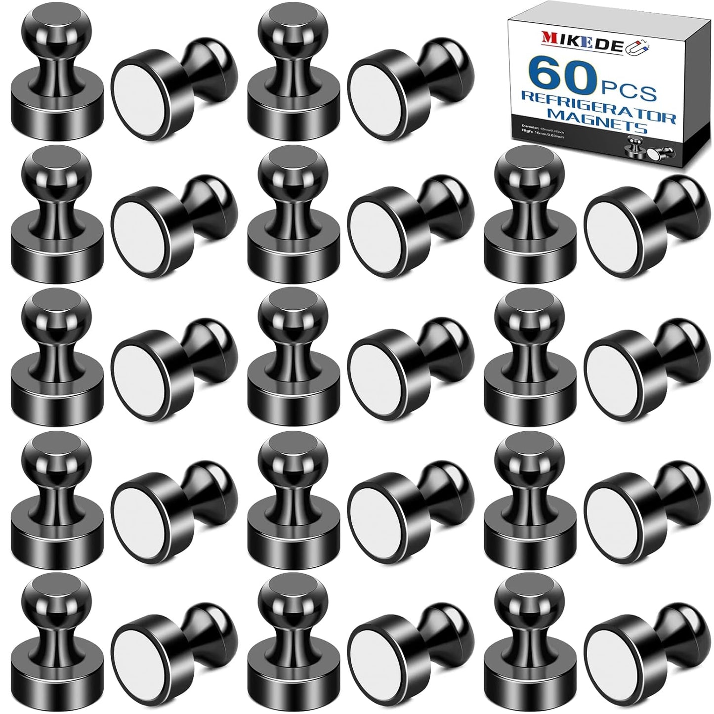 MIKEDE Whiteboard Magnets, 60Pcs Fridge Magnets Small Magnetic Push Pins Strong Magnets for Whiteboard, Black Neodymium Refrigerator Magnets Perfect for School, Classroom,Kitchen and Map Magnets