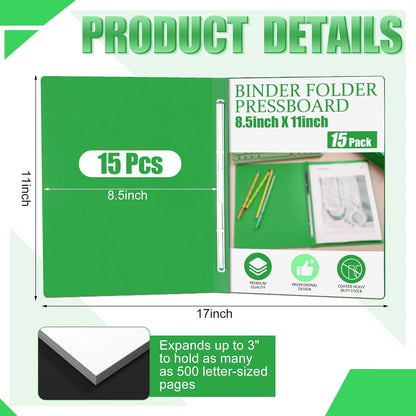 Zhanmai 15 Packs 8.5'' x 11'' Pressboard Report Covers, Metal Prong Fastener with Compressor, Letter Size 3'' Capacity Presentation Report Folder to Neatly Bind Reports, Proposals, Documents(Green)