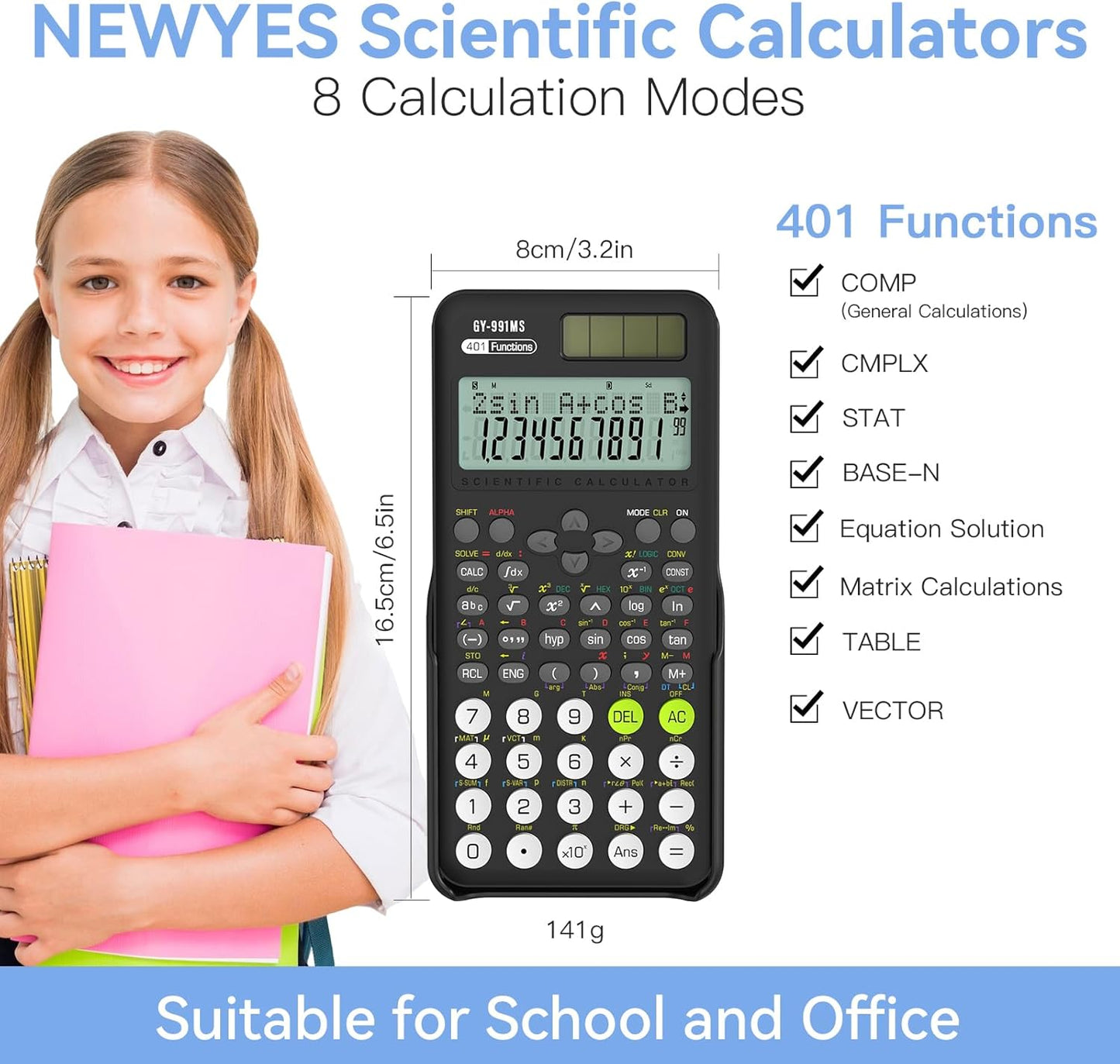 Scientific Calculator for Students, 991 MS Science Calculator for Middle and High School Supplies Calculator with Cover (Black)