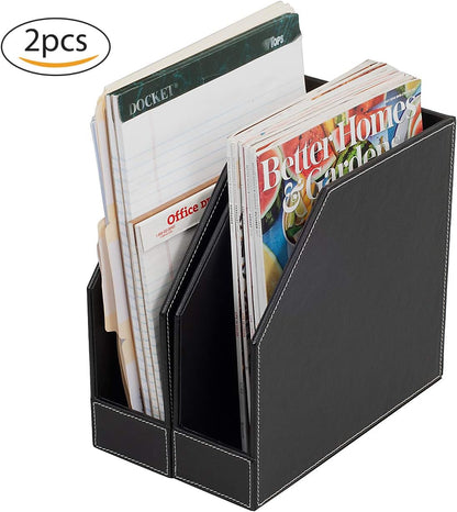 MobileVision Executive Leather Vertical File Folder Holder & Office Product Organizer, Store Files, Magazines, Notepads, Books and more, 2 Pack Combo Set
