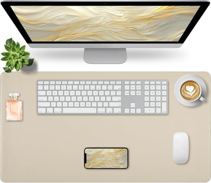 Beige Desk Mat with Stitched Edges, 31.5"×15.7" Keyboard Pad, Non-Slip Desk Protector Mat, Leather Desk Blotter, Waterproof Desk Pad for Office Home Decor
