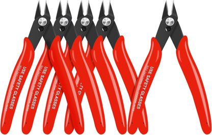 HongWay 5pcs Wire Cutters, Micro Flush Cutters with Spring, Wire Cutting Pliers, Wire Snips for Electronics Soft Copper Jewelry Making, 5-inches, Red