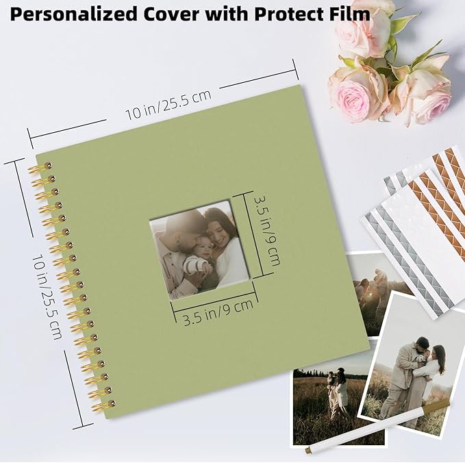 Vienrose 10 x 10 Inch Scrapbook Photo Album, Linen Hardcover Photo Book with 40 White Pages, DIY Memory Book Kit with Accessories for Wedding, Baby Shower, Travel, Christmas (LightGreen, 20 Sheets)