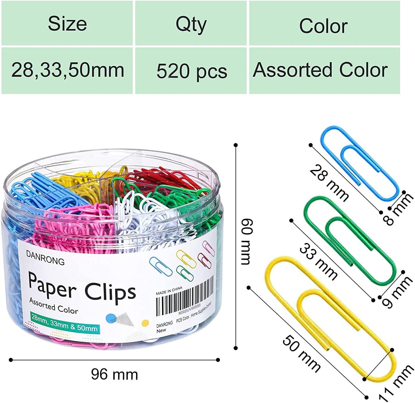 520 PCS Colored Paper Clips Assorted Sizes, Small Medium and Large (1.1", 1.3" & 2"), Colorful Paperclips for Office, School, Home Supplies-Colored